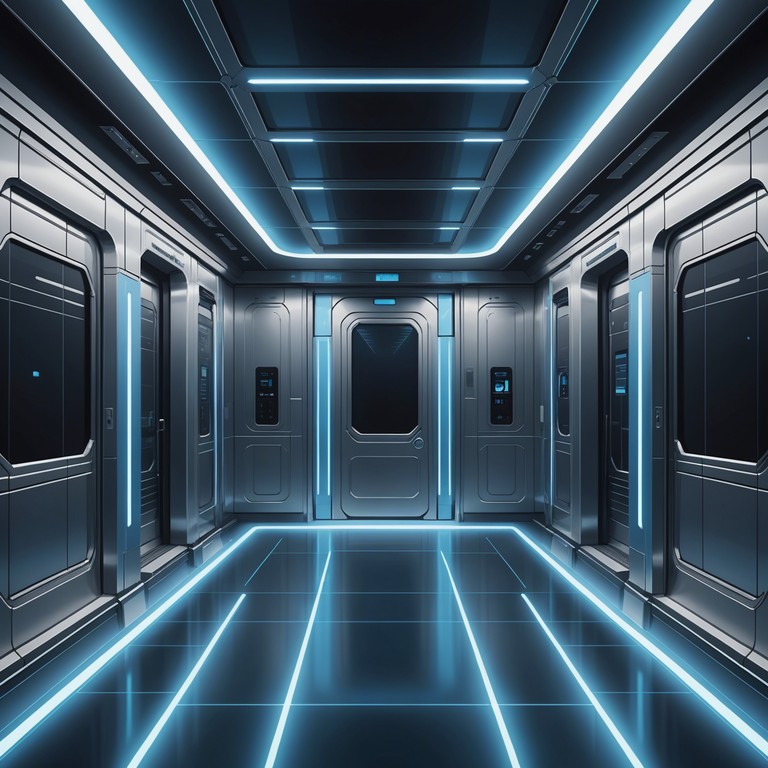 Imagine an advanced, sleek elevator inside a colossal futuristic spaceship, where the muzak isn't just background noise but an enchanting composition that blends ethereal synth lines with steady, comforting beats to enhance the seamless journey across the cosmos.