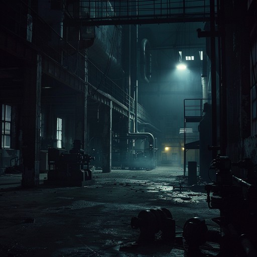 A sinister exploration of an abandoned factory, punctuated by clanking machines and eerie guitar riffs, producing a dark and menacing atmosphere with harsh industrial rhythms.