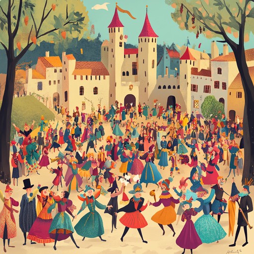 An energetic and jubilant composition that transports listeners to a medieval festival. The melodies are carried by a vibrant lute, accompanied by rhythmic hand drums and festive flutes, painting a picture of knights, jesters, and villagers dancing and celebrating in a grand courtyard. The music builds with dynamic variations, from lively jigs to more tranquil interludes, maintaining an overall sense of celebration and merriment, reminiscent of troubadour songs that once filled ancient halls.