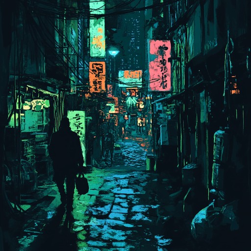 A mechanically driven track characterized by distorted synthesizers, cybernetic percussion, and deep basslines. This composition captures an unsettling, eerie atmosphere, as though traversing through a cyberpunk dystopian cityscape teeming with hidden dangers. The slow build of tension through mechanical noises and pulsating rhythms aims to immerse the listener into a realm where technology and desolation dominate.