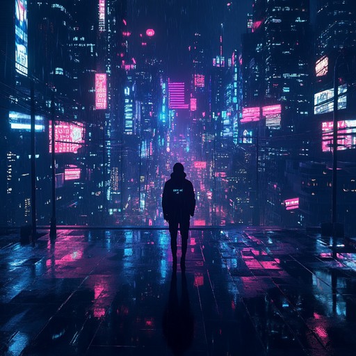 An instrumental cyberpunk track blending synth melodies and atmospheric soundscapes, conveying a deep sense of yearning amidst neon lit urban chaos.