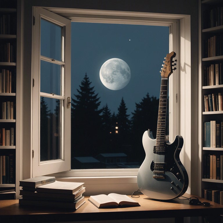 Soft electric guitar strums merging harmoniously, creating a tapestry of sound that illustrates the quiet introspection of night, envisioning personal reflections as shadows dance in the pale moonlight.