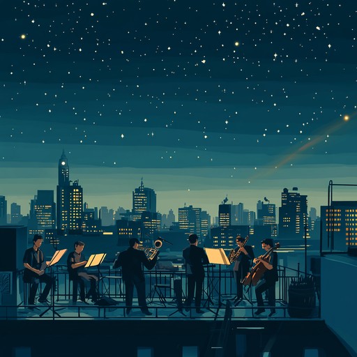 Immerse yourself in the bold, lively melodies of a rooftop midnight jazz session, where brass instruments play to the rhythmic heartbeat of the city, capturing a quiet yet vibrant atmosphere under twinkling stars