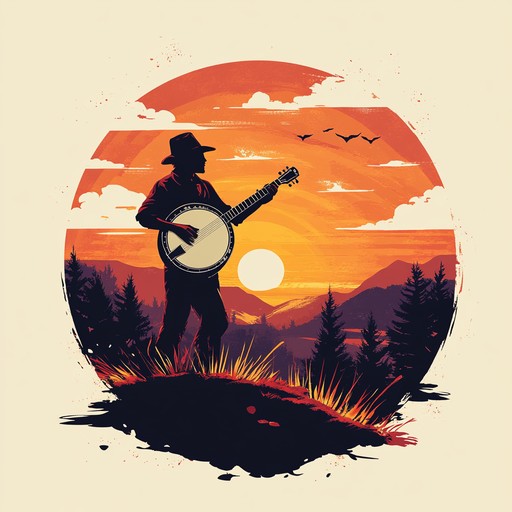 An upbeat instrumental folk tune featuring groovy banjo rhythms and foot tapping melodies, evoking the feeling of a lively gathering at sundown in a rural setting.