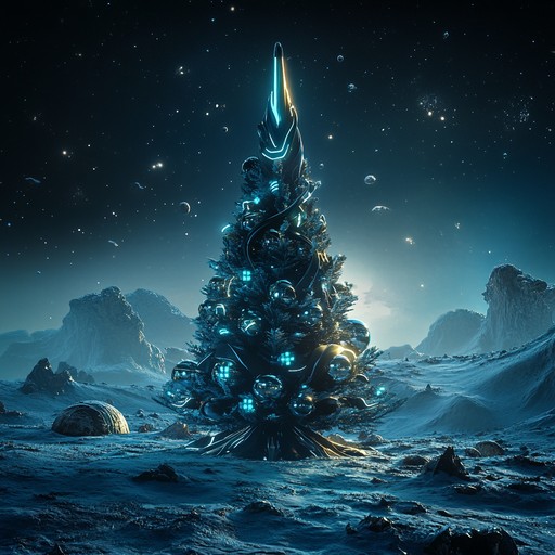 Immerse in a synthesized celebration blending techno beats and holiday bells, transporting listeners to a vibrant celebration on a futuristic planet