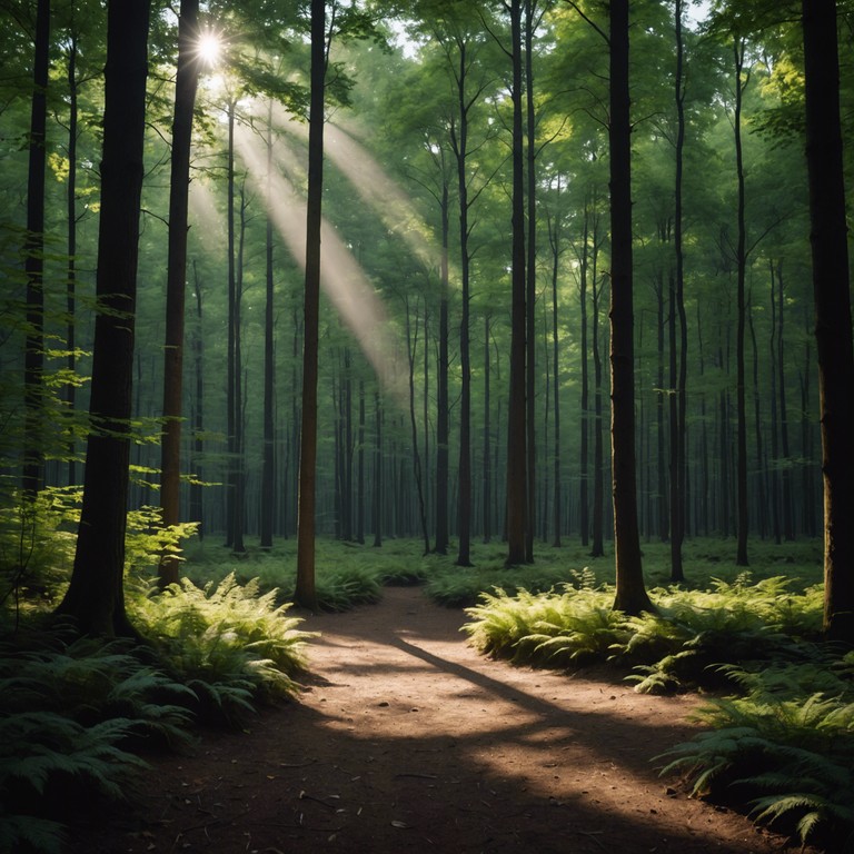 Echoes among trees enhances the spiritual experience, letting the listener feel the serene tick of nature’s own rhythms, complemented by a gentle djembe that guides the soul through a meditative journey in an evergreen forest.