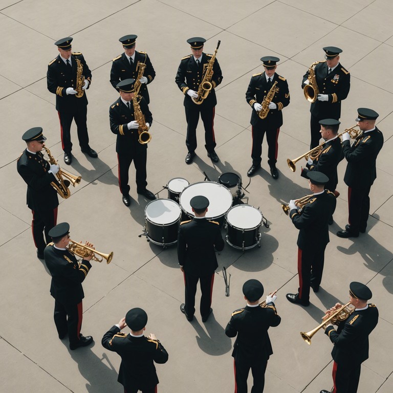 A robust and powerful military march designed to evoke feelings of patriotism and valor among its listeners, using traditional marching drums to create an atmosphere of discipline and resolve.