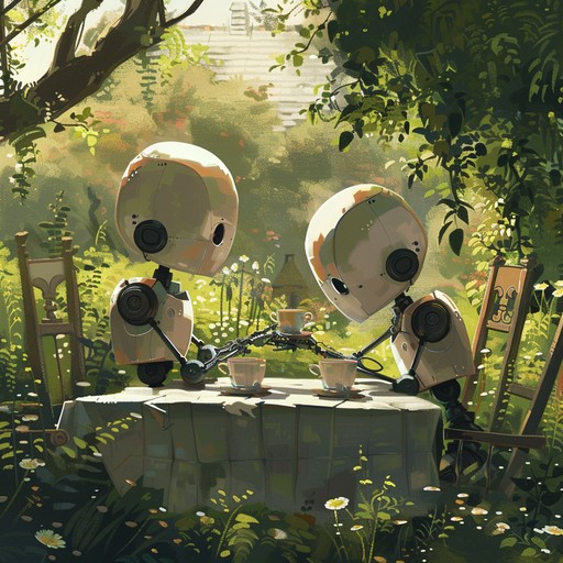 Immerse in a delightful, laid back electronic piece conjuring lazy summer afternoons. Gentle beats mixed with quirky soundscapes create a blend of relaxation and novelty, transporting listeners to a surreal yet peaceful tea party hosted by friendly robots in a sunlit garden.