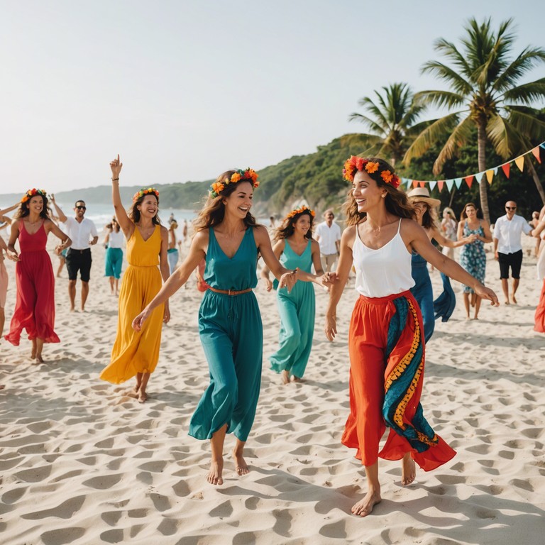 Imagine dancing on a sunlit beach during a vibrant holiday festival, with the sound of steel drums filling the air, creating a cheerful and inviting atmosphere for all.