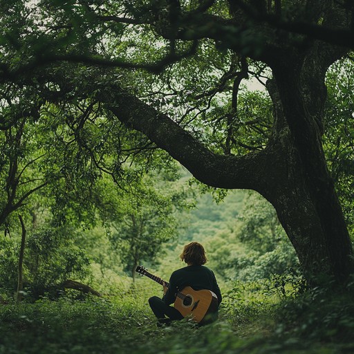 A single acoustic guitar captures the essence of a tranquil, sunlit forest, complemented by the sounds of rustling leaves and distant bird calls. The composition delivers a peaceful retreat into nature, making use of natural harmonics and soft plucking to mimic the gentle whispers of the wind through the trees