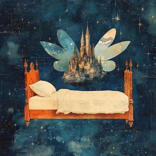 A celestial lullaby with harp and synthesized sounds to calm and enchant children, creating serene and magical dreamscapes.