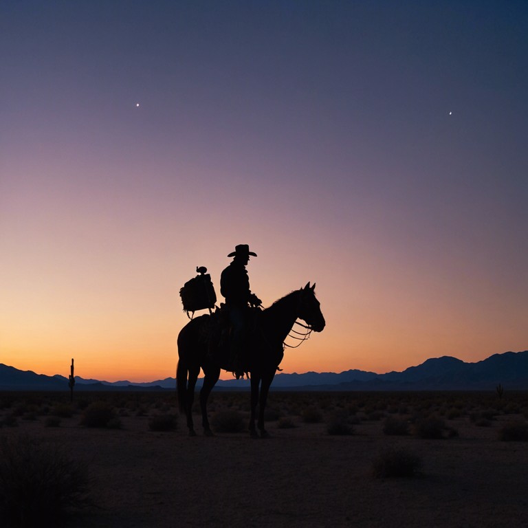 In the desolate expanse of the arid desert, as dusk turns to night, eerie and foreboding melodies mimic the subtle creep of shadows under a haunting, waning moon. The music serves as a sonic representation of unease and the lurking dangers of the nocturnal wilderness.