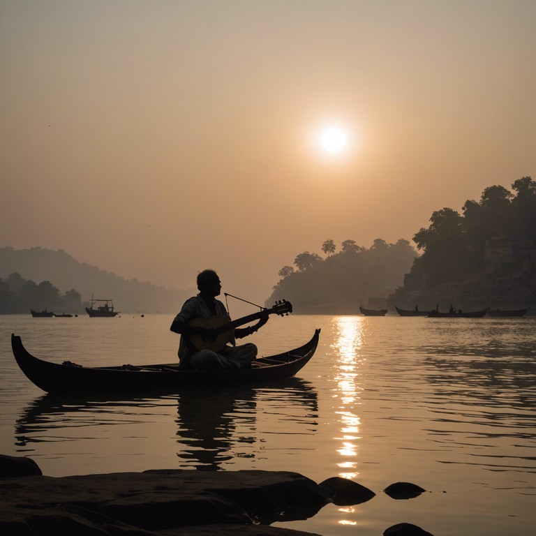 The composition captures the serene and uplifting atmosphere of a sunrise on the ganges. As the sun ascends, its rays dance on the water, accompanied by the gentle, soul touching sounds of a single sitar. The piece subtly infuses the essence of hindustani classical music, evoking a sense of peace and spiritual rejuvenation.