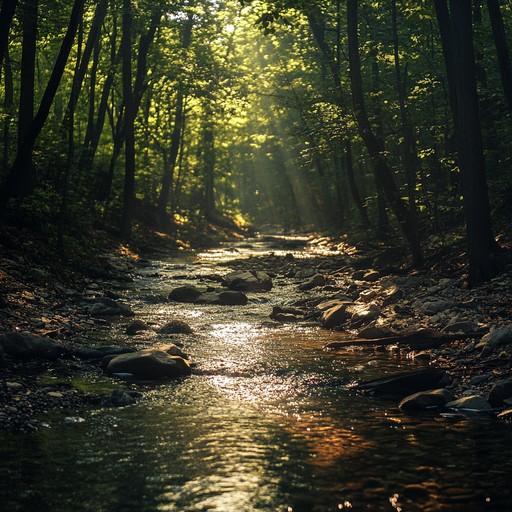 A calming orchestral piece that captures the gentle rustling of leaves and the soft flow of a forest stream, blending strings and woodwinds to create an atmosphere of profound peace and nature’s beauty