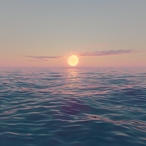 Picture the calm dusk setting over the tranquil horizon. The serene ocean waves gently crash on the shore, creating a reflective atmosphere. Lush strings and ambient textures intertwine with the melody of a harp to evoke a peaceful, calming sensation.