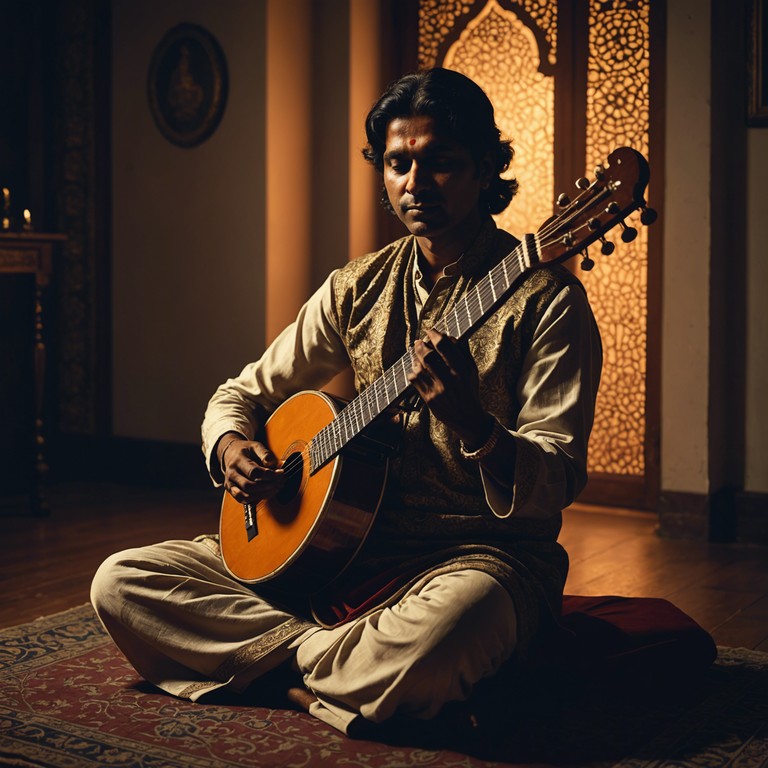 A sophisticated composition that melds intricate sitar play with a deep exploration of solitude and introspection, reverberating through the timeless essence of hindustani classical music influenced by raga traditions.