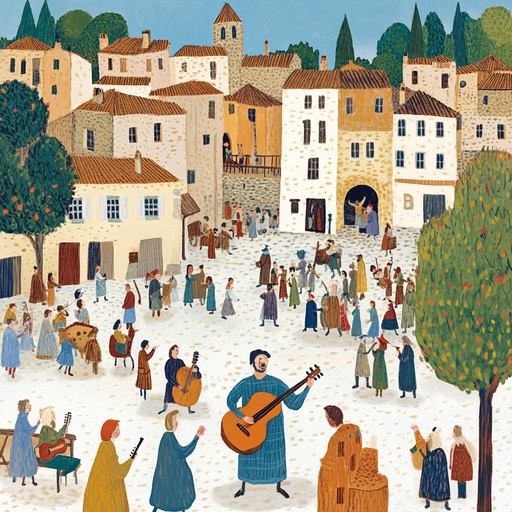 This composition features a lively, heartwarming medieval melody infused with the spirit of traveling troubadours. Bright lute strumming and rhythmic hand drums capture the essence of joyous medieval celebrations, resonating with the carefree journey of wandering minstrels bringing music to quaint villages and grand courts alike.