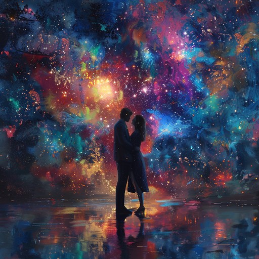 Imagine floating through the stars, guided by soft, ethereal harmonies and spacey guitar riffs, creating an atmosphere of serene, romantic connection. A transcendent soundscape blending cosmic sounds with soul stirring melodies, wrapping the listener in a warm, enchanting embrace.