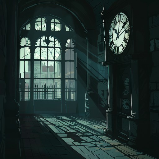 Chilling chimes resonate in a deserted clock tower, mingling with strange echoes and unsettling whispers. The soundscape evokes a creepy, otherworldly atmosphere, as if the tower itself holds ancient secrets and ghostly apparitions.