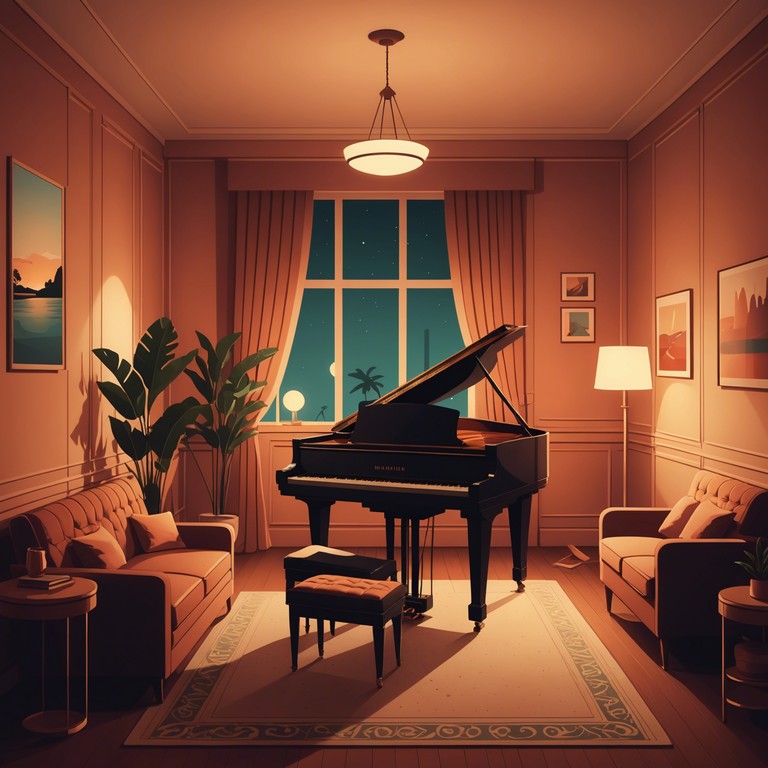 Imagine a mystical, dimly lit lounge where soft piano tones play under the flicker of torchlights, evoking a blend of nostalgia and mystery in a semi fantastical setting. Layers of light, playful melodies create an atmosphere both relaxing and intriguing, ideal for escape into a musical novelette.