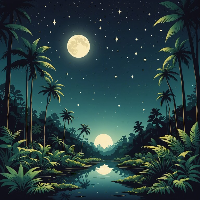 While similar in setup, this version emphasizes more of the night's mysterious allure, evoking visions of a covert escape through starlit tropical landscapes under the cover of darkness.