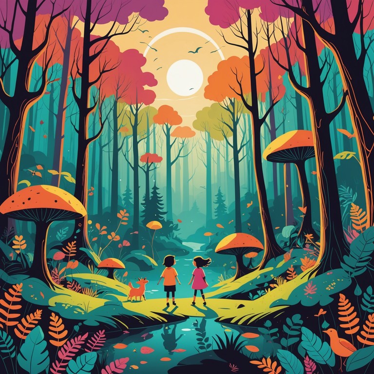 Imagine a vivid soundscape that forms a backdrop for an animated adventure through a mystical, vibrant forest where every nook and cranny hides a whimsical secret. The piece mirrors the joy and curious spirit of exploring the unknown with lighthearted strolls and sudden bursts of playful scampering.