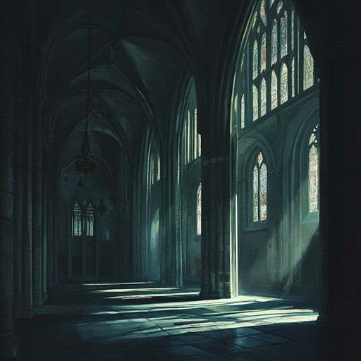 An eerie harpsichord melody intertwined with somber strings, evoking a sense of dread within a darkened cathedral