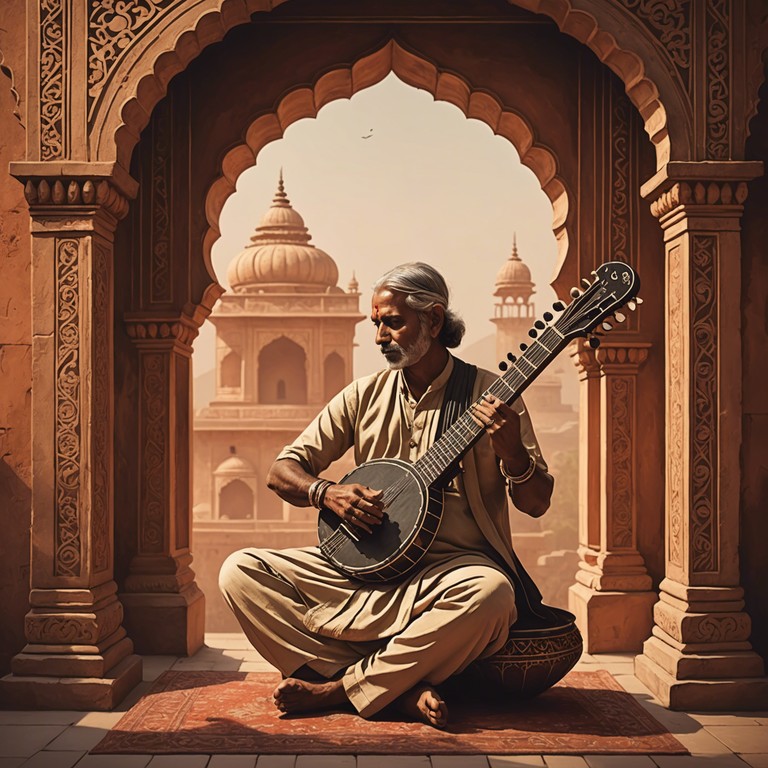 An instrumental track featuring the soulful tune of the sitar, weaving through the rhythmic complexities and emotional depth of hindustani music, designed to facilitate a journey into self and cultural heritage.