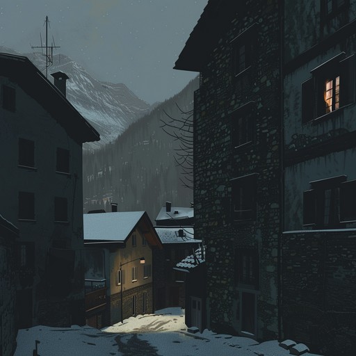 Visualize a ghostly alpine village at the stroke of midnight, where the echoes of sinister german schlager music fill the air, composing an eerie atmosphere. The music crescendos slowly, increasing the sense of dread with each passing note.