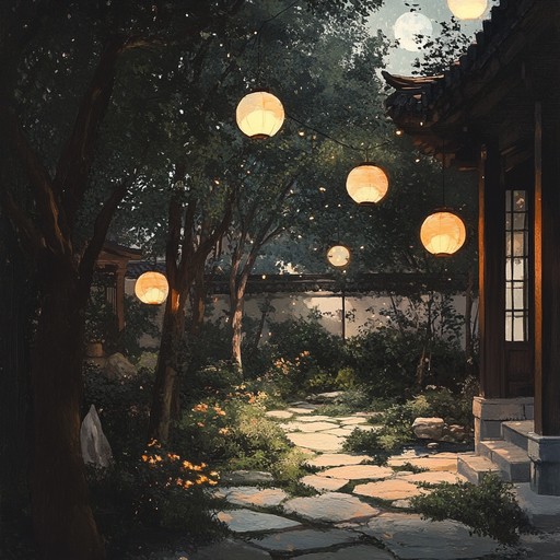 A calm, enigmatic piece that combines nocturnal field recordings with gentle acoustic guitar strums, creating an intimate and unusual atmosphere. This track evokes a sense of quiet introspection and hidden stories whispered under the faint glow of lanterns, perfect for a reflective evening alone or a dreamy stroll through a moonlit garden