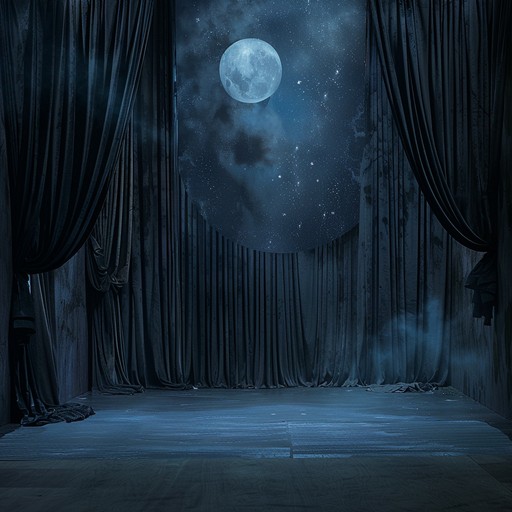 Enter a nocturnal spectacle filled with hauntingly beautiful melodies, where enigmatic piano strokes weave through the shadows. The ambiance is reminiscent of an old world cabaret enacted under a mysterious, moonlit sky. The music exudes a luxurious yet somber elegance, evoking a sense of surreal, shadowed elegance.