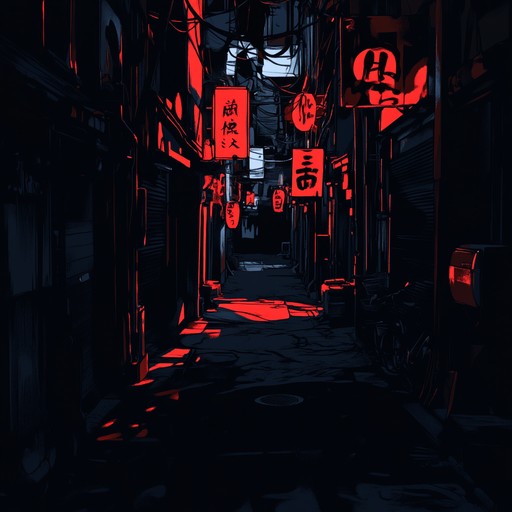 An instrumental j pop track featuring taiko drums and synths to create a menacing atmosphere, highlighting the tension hidden beneath the city's bright lights.