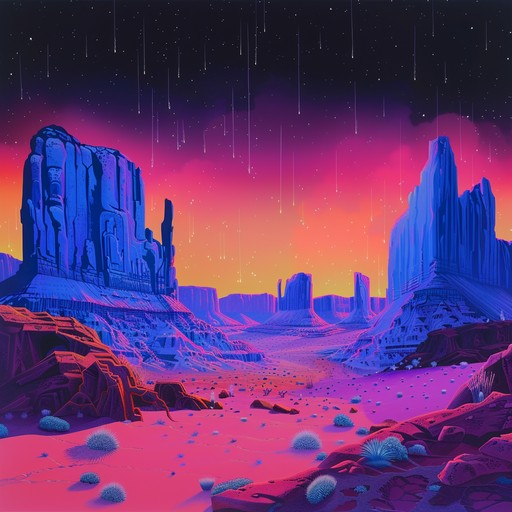 Imagine a vast desert landscape merged with futuristic neon lights, where retro americana melodies intertwine with space age synths. This instrumental piece paints a surreal picture, blending elements of folk, blues, and country with modern electronic textures. It captures the spirit of pioneering exploration in a new, uncharted world.