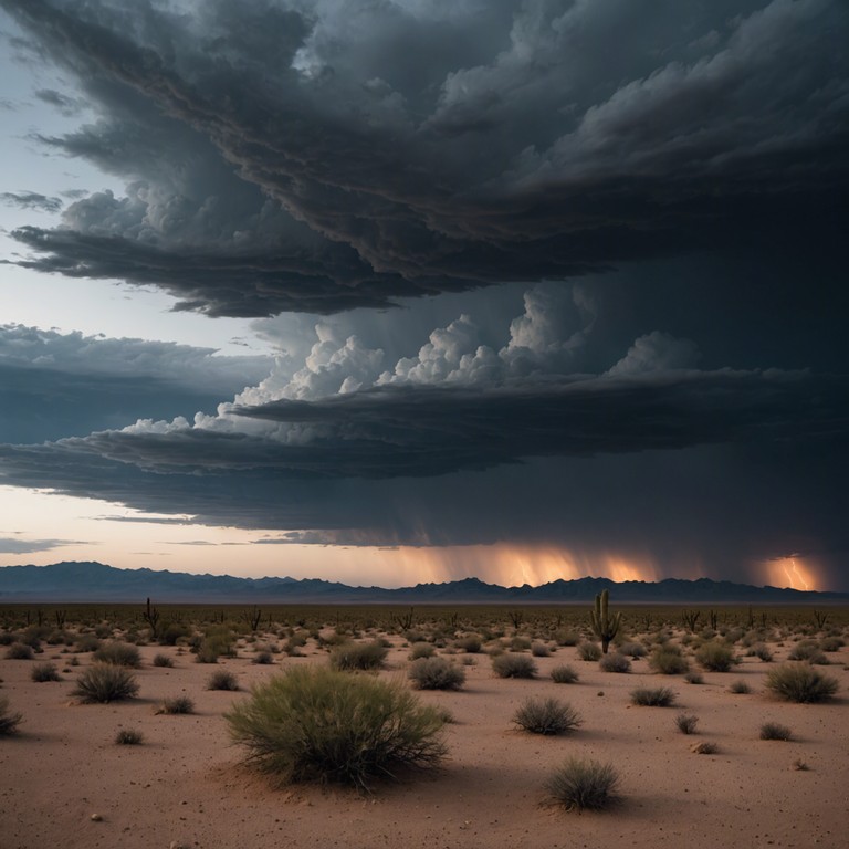 Imagine the relentless power and mystery of a sandstorm, conveyed through vigorous darbuka beats and an enigmatic melodic structure, perfectly capturing the essence of a mystic desert landscape.