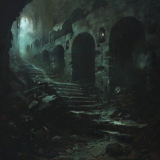 Deep beneath the earth, in a labyrinth of ancient tunnels and chambers, an ominous presence lurks. The air is thick with the stench of decay and the echoes of forgotten horrors. As you descend deeper into the catacombs, the walls seem to pulse with a malevolent energy, and the shadows dance with a life of their own. The music is a slow, oppressive dirge, punctuated by eerie sound effects and dissonant chords that send shivers down your spine.
