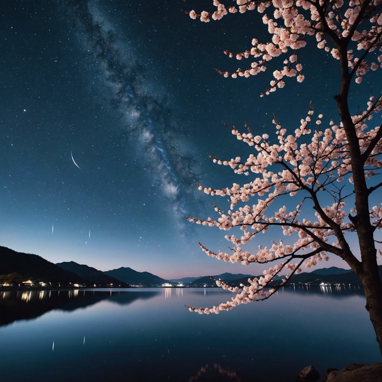 An instrumental j pop track that subtly captures the essence of night through soft sonic textures and a soothing melody. It portrays the serene beauty and the mysterious aura of cherry blossoms at night, creating an atmosphere that's both uplifting and calming.
