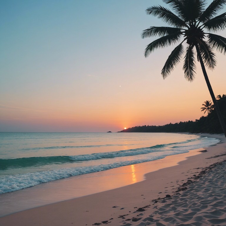 The track paints a soothing scene of a serene tropical island, where palm trees sway gently in a calming breeze and the soft sounds of ocean waves provide a peaceful backdrop. The melody is carried by a gentle piano that interplays elegantly with subtle synthetic elements, evoking a sense of peace and tranquility.