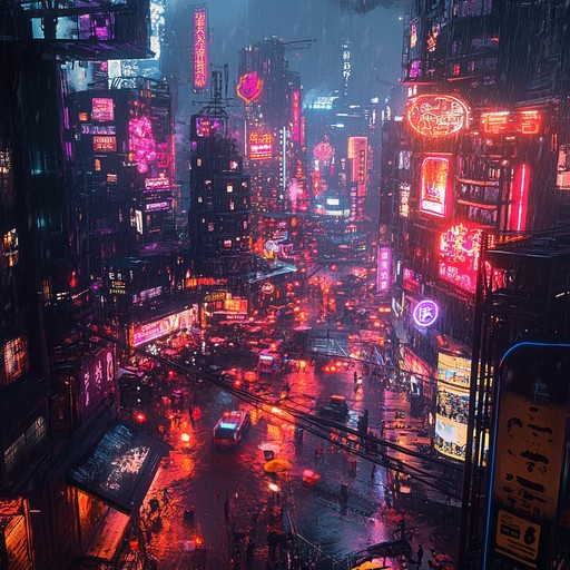 Immerse yourself in a sprawling cyberpunk metropolis, filled with neon signs, shadowy alleyways, and pulsating energy. Heavy electronic beats combined with shimmering, futuristic synth sounds create an epic and cinematic atmosphere, driving through the cyber city's hidden secrets and technological marvels