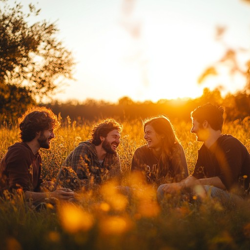 Relive the blissful moments of friends reuniting under the golden afternoon sun, with soothing acoustic guitar melodies capturing the beauty of simple joys and cherished memories. The composition should be serene and heartwarming, reflecting the purity of genuine friendship.