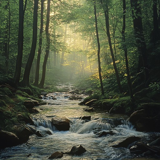 The serene sounds of a tranquil forest combining with melodic elements to create an immersive, peaceful auditory experience. Gentle melodies accompanied by the natural sounds of a babbling brook, wind rustling leaves, and distant bird songs.