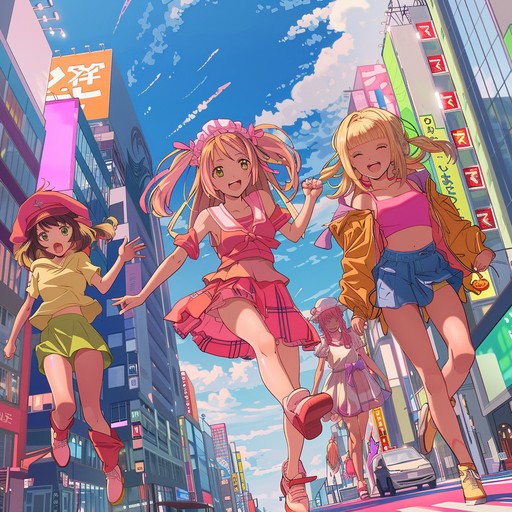 A dynamic and bright composition capturing the essence of spirited anime journeys. Ideal for sequences featuring happy, energetic characters setting out on sunlit adventures.