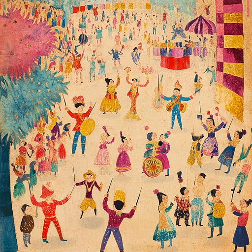 A vibrant, celebratory tune led by a dynamic brass ensemble, capturing the essence of a grand festive street parade. The energetic rhythms and cheerful harmonies create an atmosphere of joy and excitement, perfect for theatrical performances and lively scenes. The composition blends the spirit of parades with the theatricality of show tunes, resulting in an unforgettable, uplifting sound.