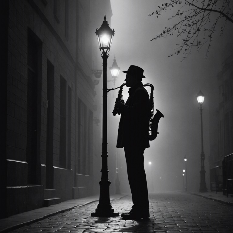 A haunting jazz piece featuring an eerie, slow saxophone melody set against a backdrop of soft, whispering dissonance, simulating a midnight stroll through fog filled, mystery shrouded alleys. A subtle bass line gives an underlying sense of apprehension, building a tense atmosphere of anticipation and unease.