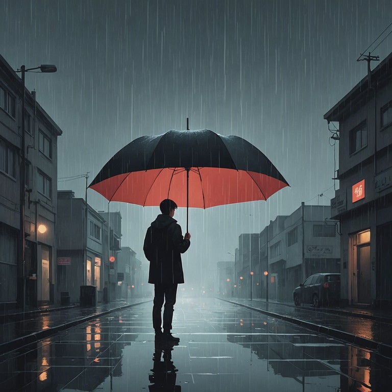 Soft, gentle rain patters against the window as melancholic piano notes echo through the room, accompanied by the distant rumble of thunder and the occasional swell of somber strings, creating a mood of introspection and quiet reflection on a gray, rain-soaked day.
