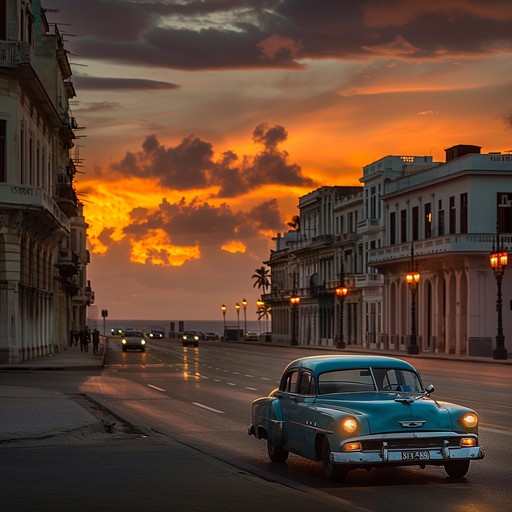 Imagine a lively street scene in havana as the sun sets, radiating warmth and energy. Every corner echos with the spirited sounds of congas and claves, infused with melodic brass harmonies that make you want to dance. The atmosphere is full of anticipation for the night's festivities, capturing the essence of cuban culture - vibrant, rhythmic, and utterly intoxicating.