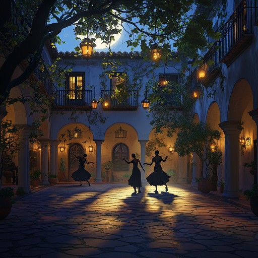 An instrumental neoclassical composition blending sensual classical guitar with lush strings, evoking the passionate ambiance of a moonlit mediterranean evening filled with romance and mystery.