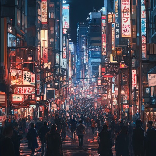 This instrumental track captures a hyper modern japanese cityscape, filled with flashing neon lights and a sense of chaotic urgency. Glitchy synths and rapid beats create an atmosphere of nervous energy and unease, as though navigating through a maze of endless, overwhelming advertisements and sounds. Perfect for visual media looking to evoke a bustling, yet anxiety inducing urban experience.