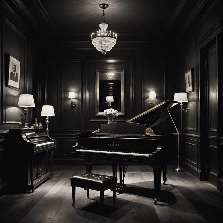 In the speakeasy's heart under moonlit skies, the sounds of a piano blend whimsy with the night's enigmatic spirit, creating a musical interplay that dances between radiance and darkness.