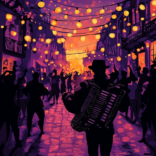 An energetic instrumental piece blending lively accordion melodies with haunting themes, evoking the atmosphere of a festive midnight carnival filled with enigmatic characters and shadowy delights.