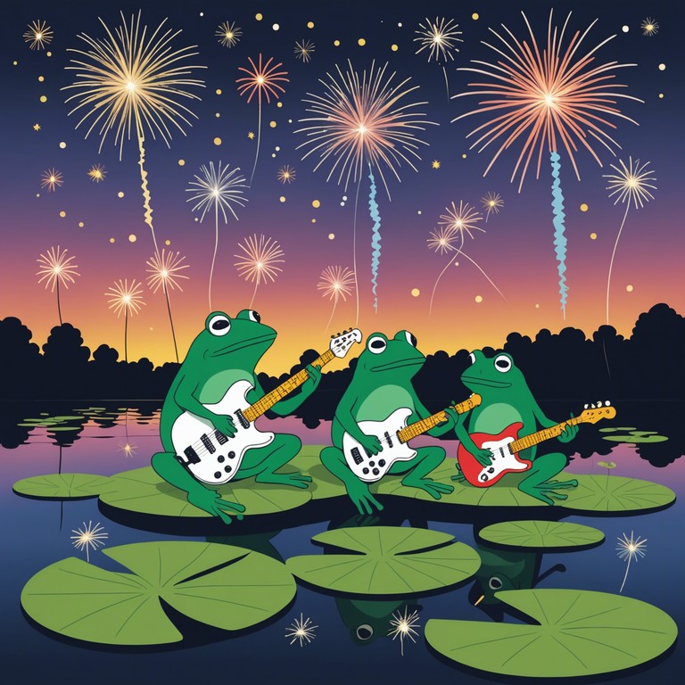 Imagine a parade where frogs are celebrated as heroes, their croaks forming the basis of a playful yet powerful melody underpinned by robust electric guitar riffs, fostering a scene of comic valor.